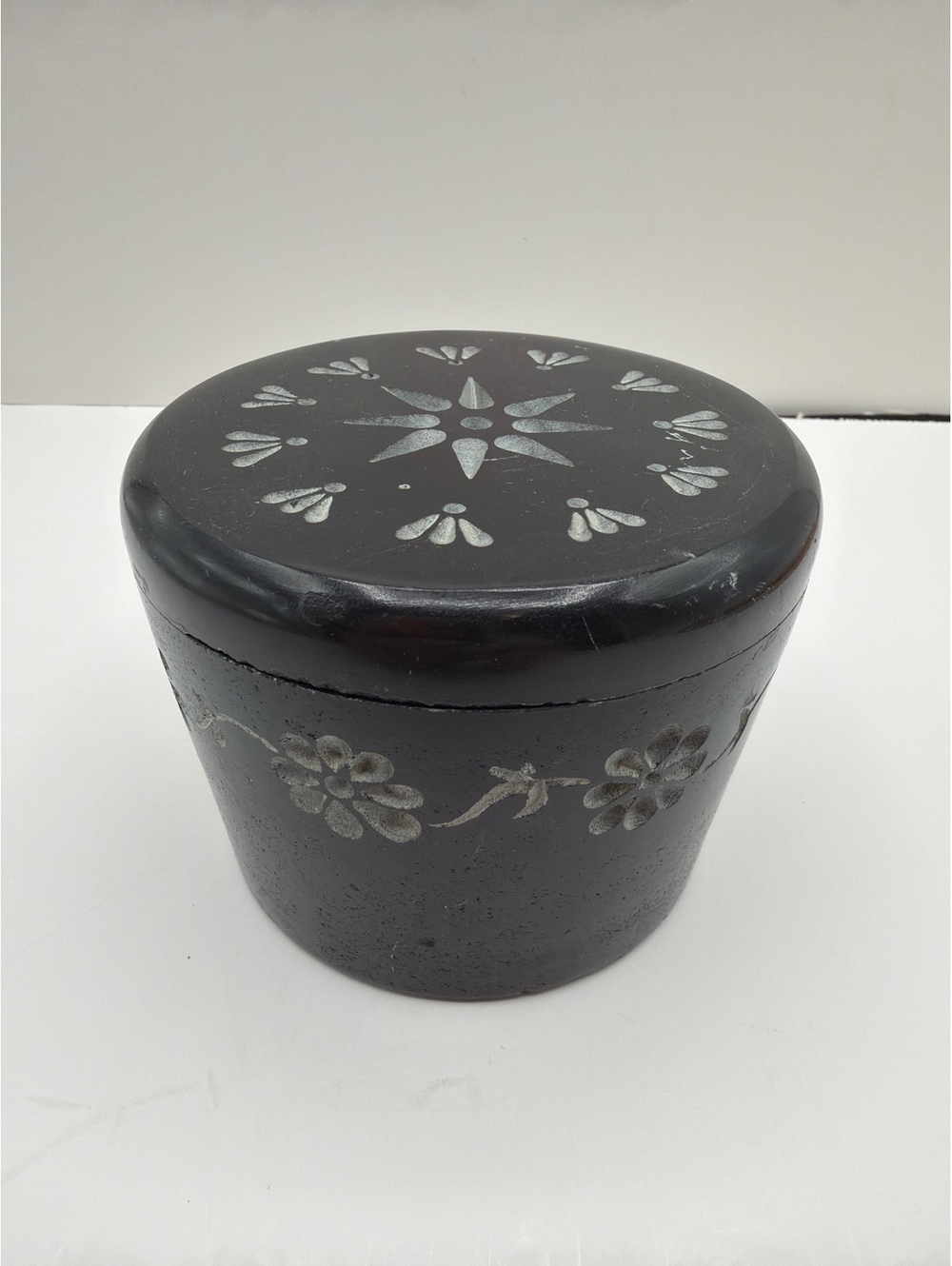 Handmade Black ceramic Decorative Storage Box with floral carvings